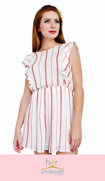 Short Sleeve Striped Romper (Color: Off White & Red) | Unit Price $18.25