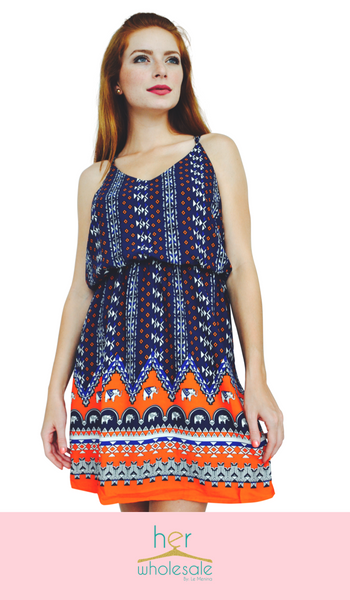 Spaghetti Strap Printed Dress (Color: Blue & Cream) | Unit Price $20.75