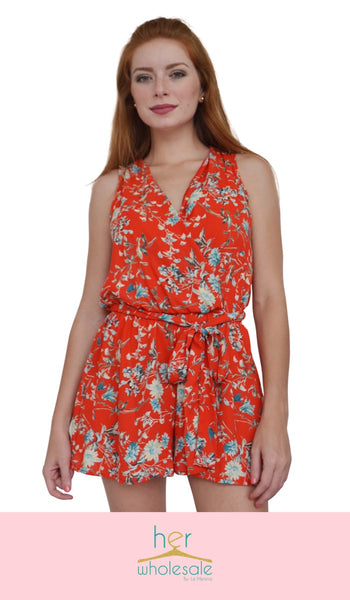 Sleeveless Floral Print Romper (Color: Orange) | Unit Price $20.75